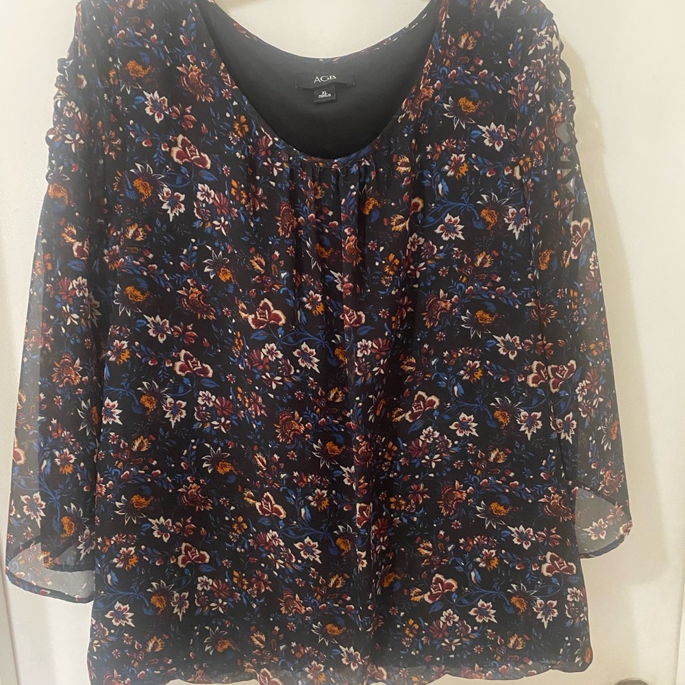 AGB Women’s Blouse Floral Sheer Bell Sleeve 3/4 Blouse Top XL